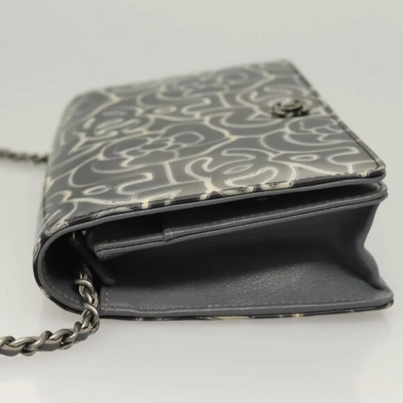 CHANEL Camellia COCO Mark Chain Wallet Patent leather Gray CC Auth PP850 - Picture 6 of 15